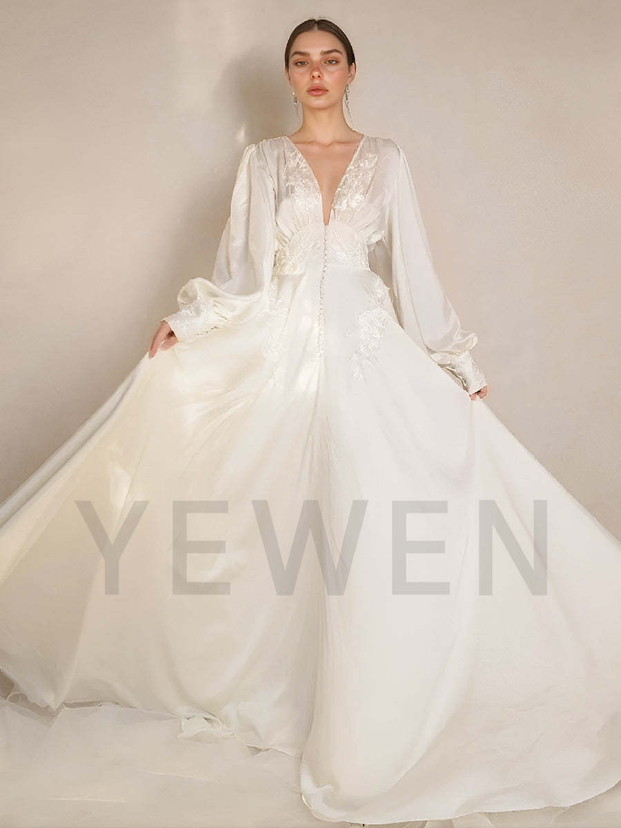 A line Long Sleeves Boho Wedding Dress Bridal Silk Gown Silk Dress