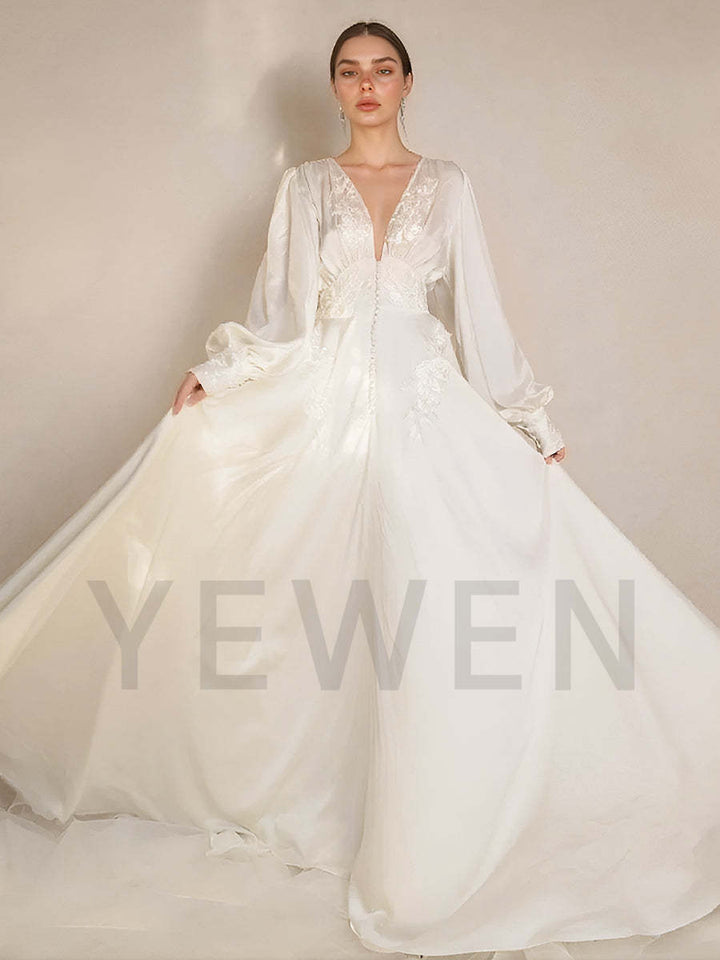 A line Long Sleeves Boho Wedding Dress Bridal Silk Gown Silk Dress