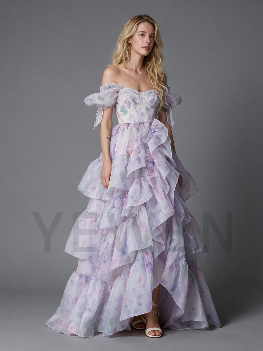 Lilac Floral Off-Shoulder Puff Sleeve Princess Dress YW2609271