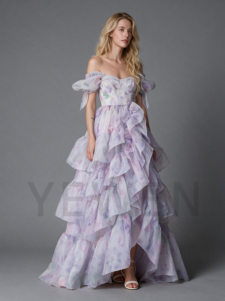 Lilac Floral Off-Shoulder Puff Sleeve Princess Dress YW2609271