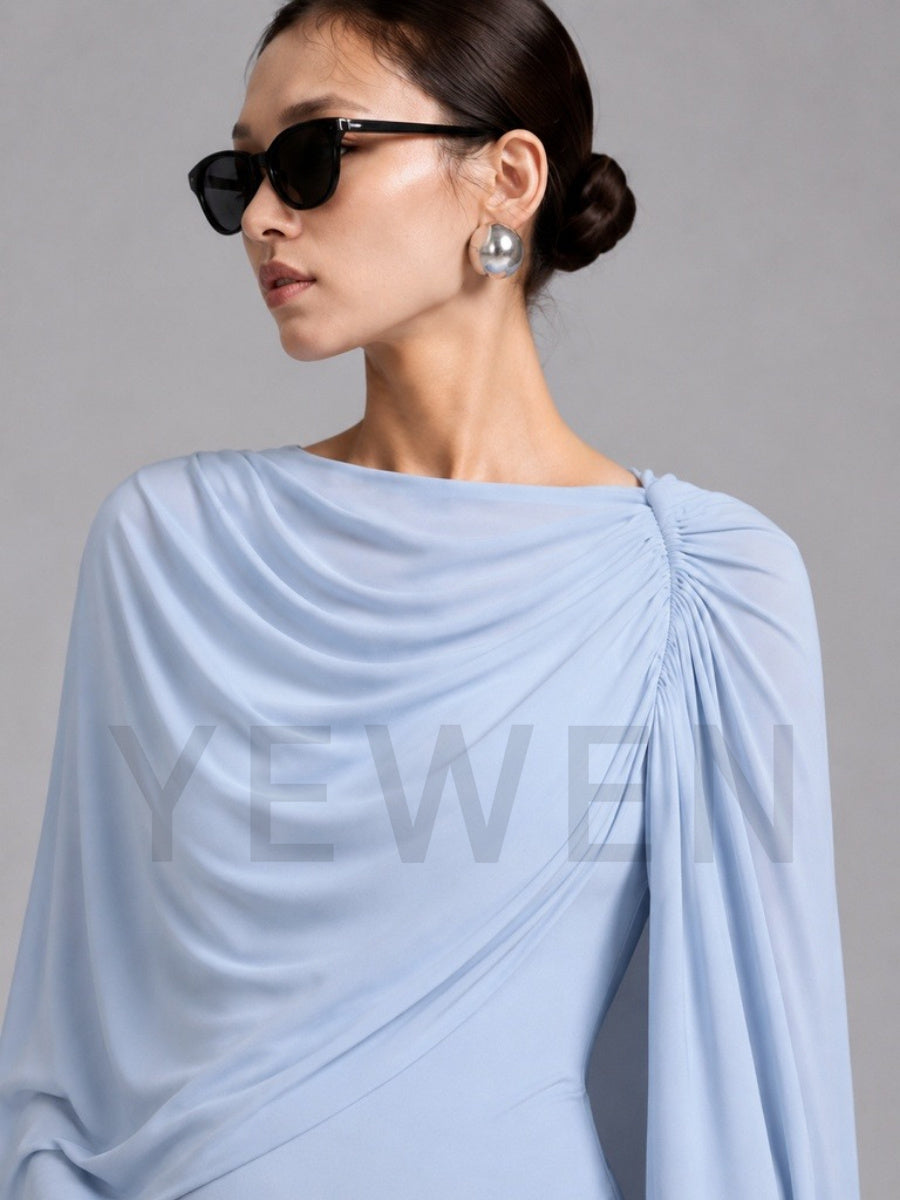 Blue Cape Sleeves Fitted Mermaid Maternity Dress for Baby Shower L-26922
