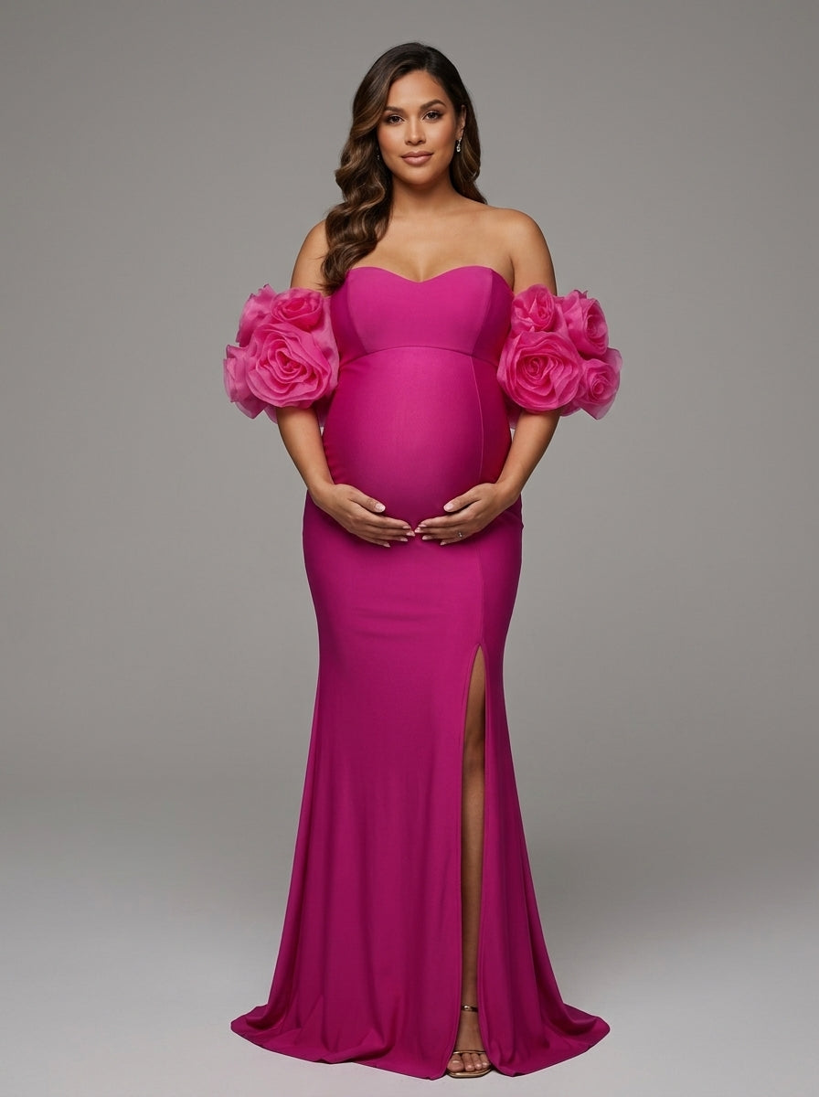 3D Floral Off-Shoulder Mermaid Maternity Baby Shower Dress YD261021