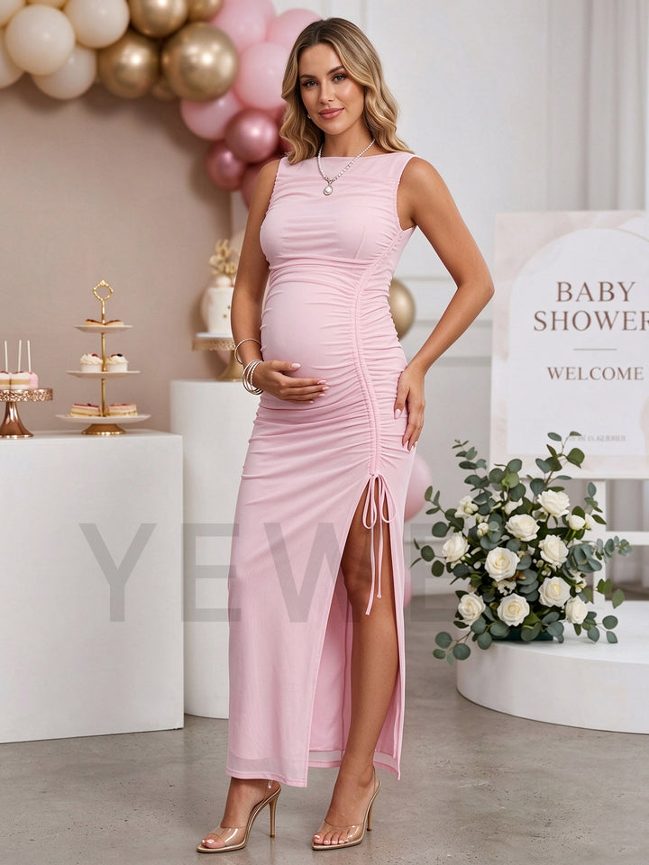 Sleeveless Ruched High Slit Maternity Dress for Baby Shower YM261004