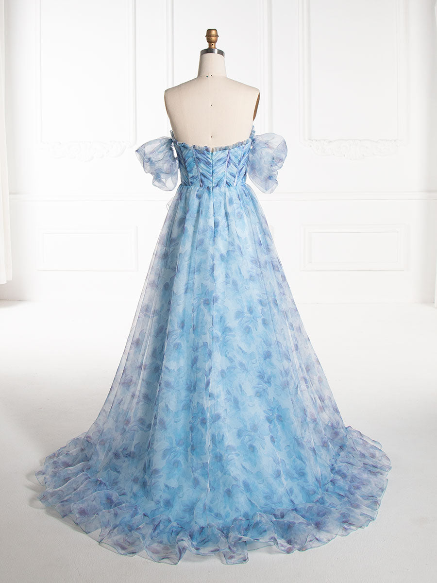 Off The Shoulder Blue Floral Printed Organza Party Dress YE3008