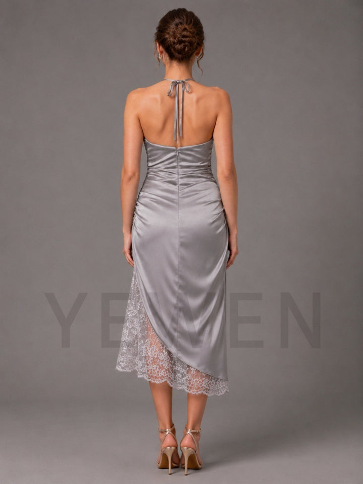 Silver Halter Lace Trim Hem Maternity Baby Shower Dress L-26918