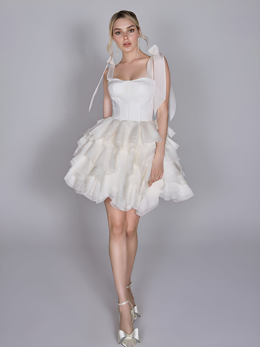 Elegant White Corset Organza Mini Dress with Ruffle Skirt and Bow Straps 14 / White