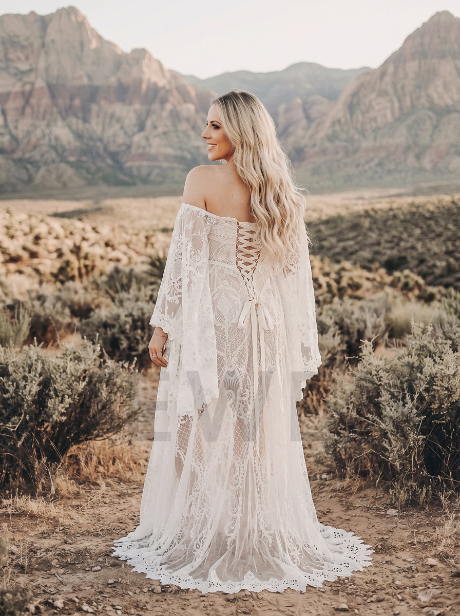 Ivory Off-Shoulder Bell Sleeve Boho Maternity Photoshoot Dress YD260840