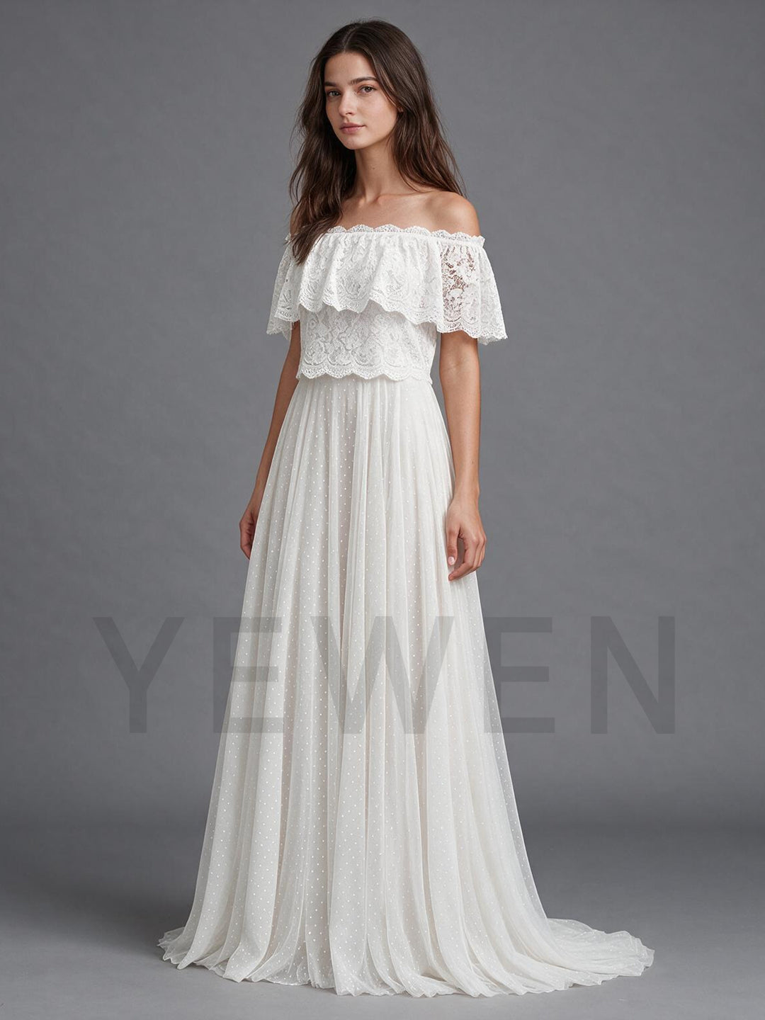 Ivory Off-Shoulder Double Ruffle Lace Drop Sleeve Boho Wedding Dress