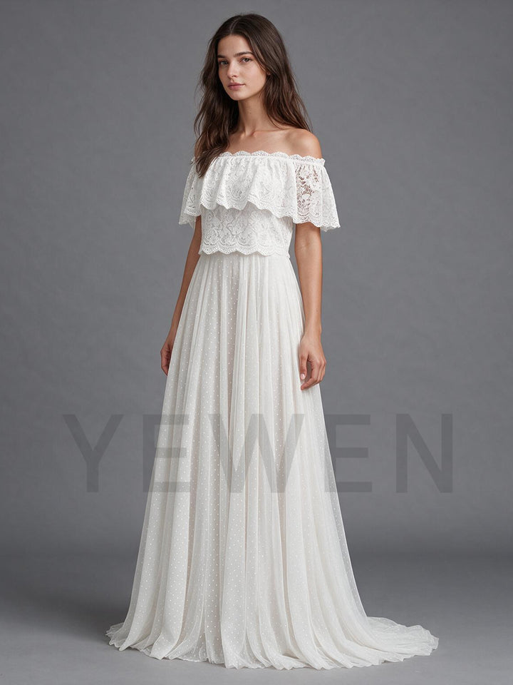 Ivory Off-Shoulder Double Ruffle Lace Drop Sleeve Boho Wedding Dress