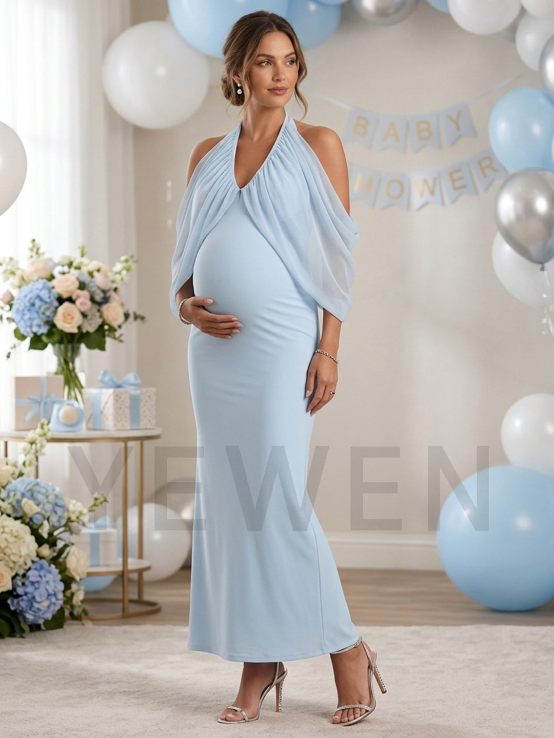 Halter V-Neck Cold Shoulder Maternity Dress for Baby Shower YM261005