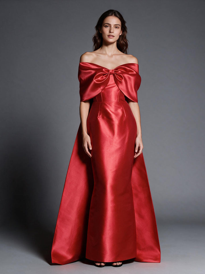 Red Off-Shoulder Satin Christmas Dress with Big Bow YW2609281