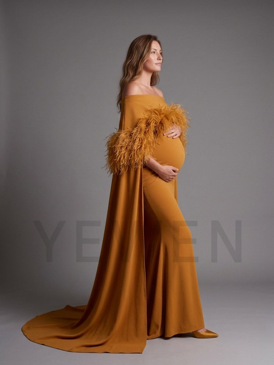 Off-Shoulder Feather Cape Pregnancy Dress for Baby Shower YW2609232
