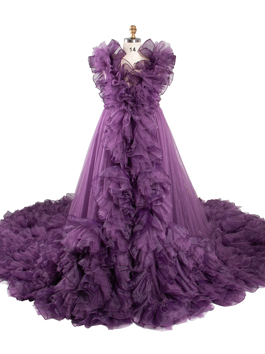 Long Train Ruffles Tulle Red Wedding Dress Photo Shoot Dress YW230920