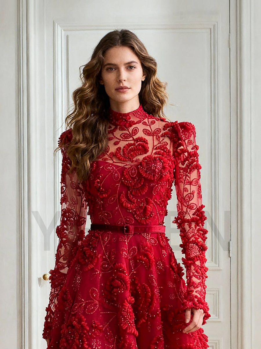 Striking Red Gown Embroidered Beaded Tulle Formal Gown Gala Dress