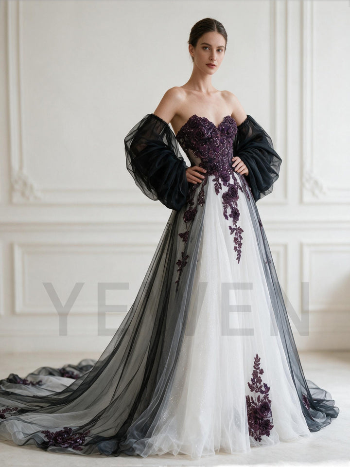 Purple 3D Floral Strapless Evening Gown with Black White Tulle YX26109