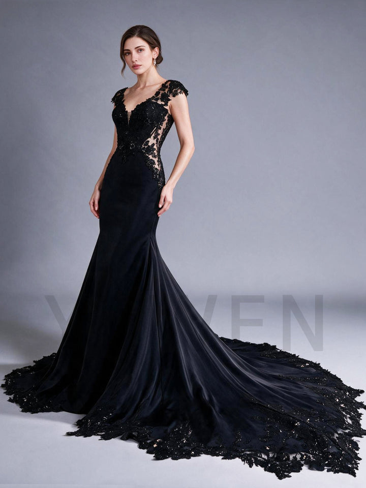 Deep V-Neck Sequin Sheer Lace Fitted Mermaid Evening Gown YX26104
