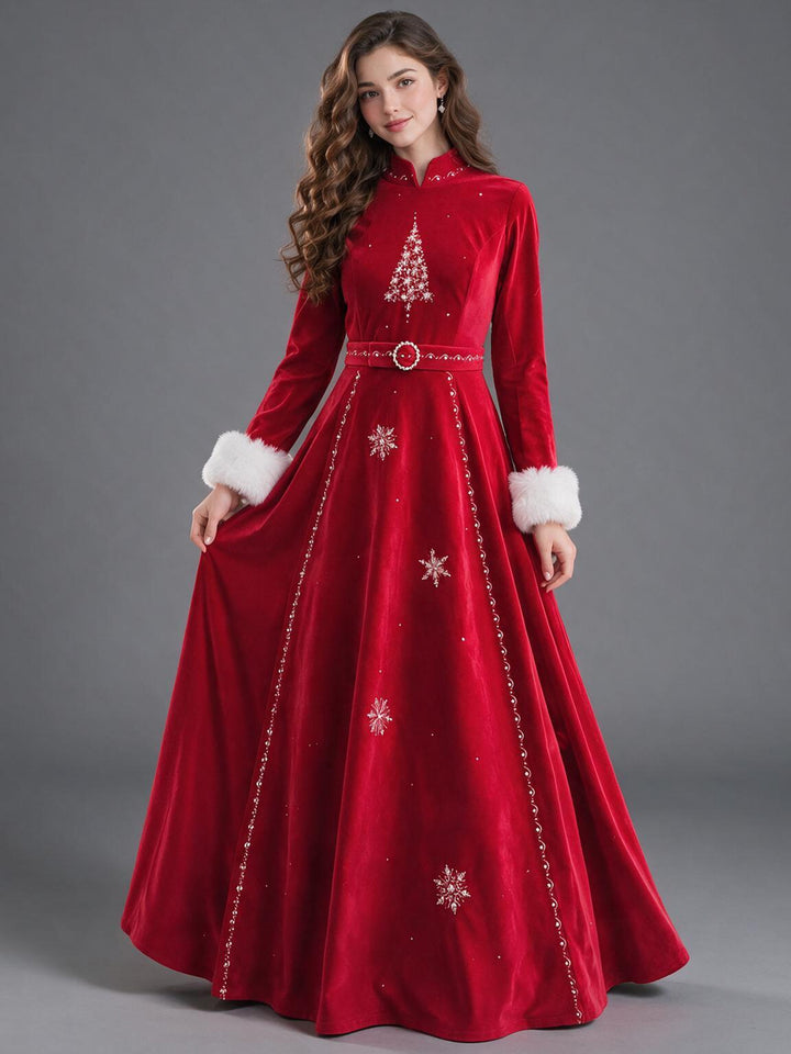 Red Velvet Mandarin Collar Rhinestone Christmas Dress with Fur Cuffs