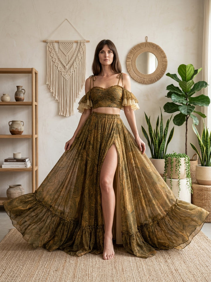 Olive Two-Piece Ruffle Flutter Sleeve Boho Dress YD260835
