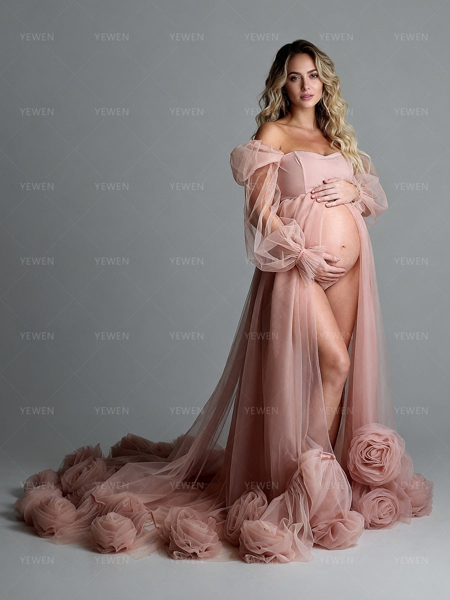 Tulle Maternity Photoshoot Gown Pregnancy Dress for Photoshoot with 3D flowers
