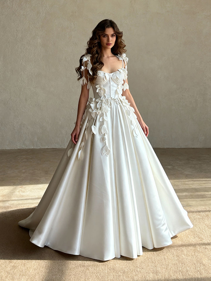 Romantic Petal Appliqués Straps Wedding Dress Satin Bridal Dress