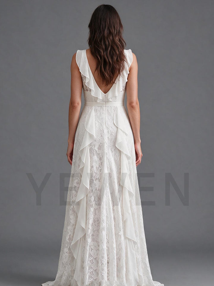 Ivory Draped Ruffle Front Floral Lace Boho Wedding Dress