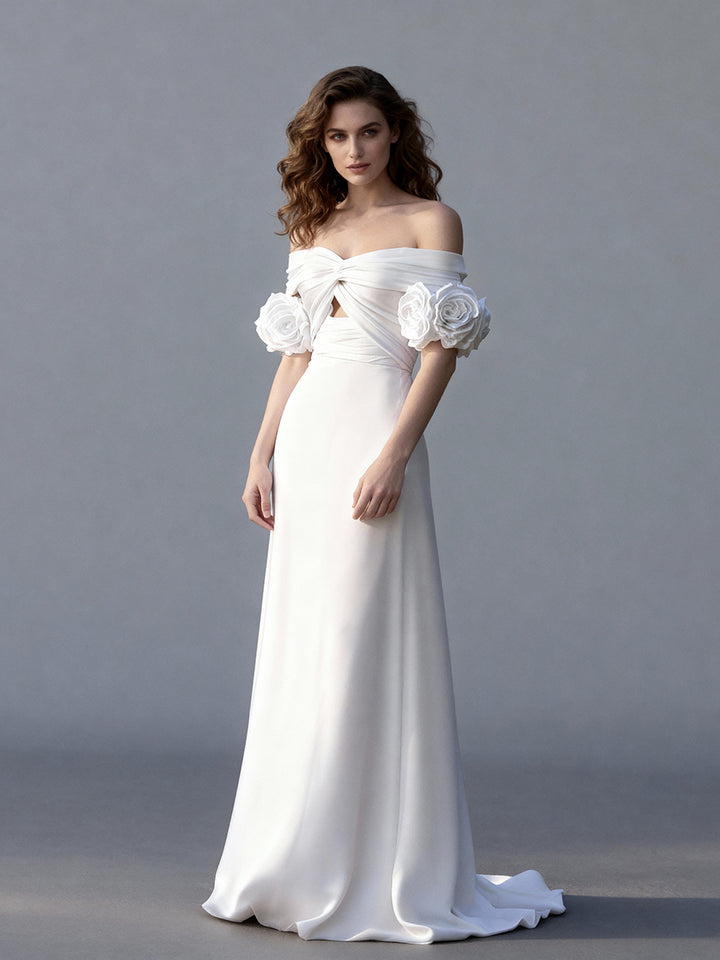 Charming Off Shoulder Wedding Dress Delicate Handmade 3D Flowers Shoort Sleeves Bridal Gown