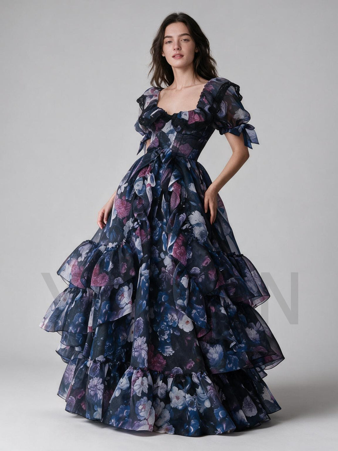 Dark Floral Print Puff Sleeve Tiered Ruffle Princess Dress YW2610131