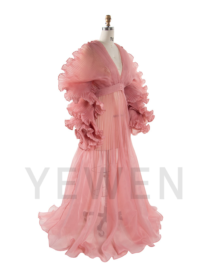V Neck Pleated Organza Maternity Dresses for Photoshoot Long Dress for Maternity Shoot Baby Shower Dresses YW243116