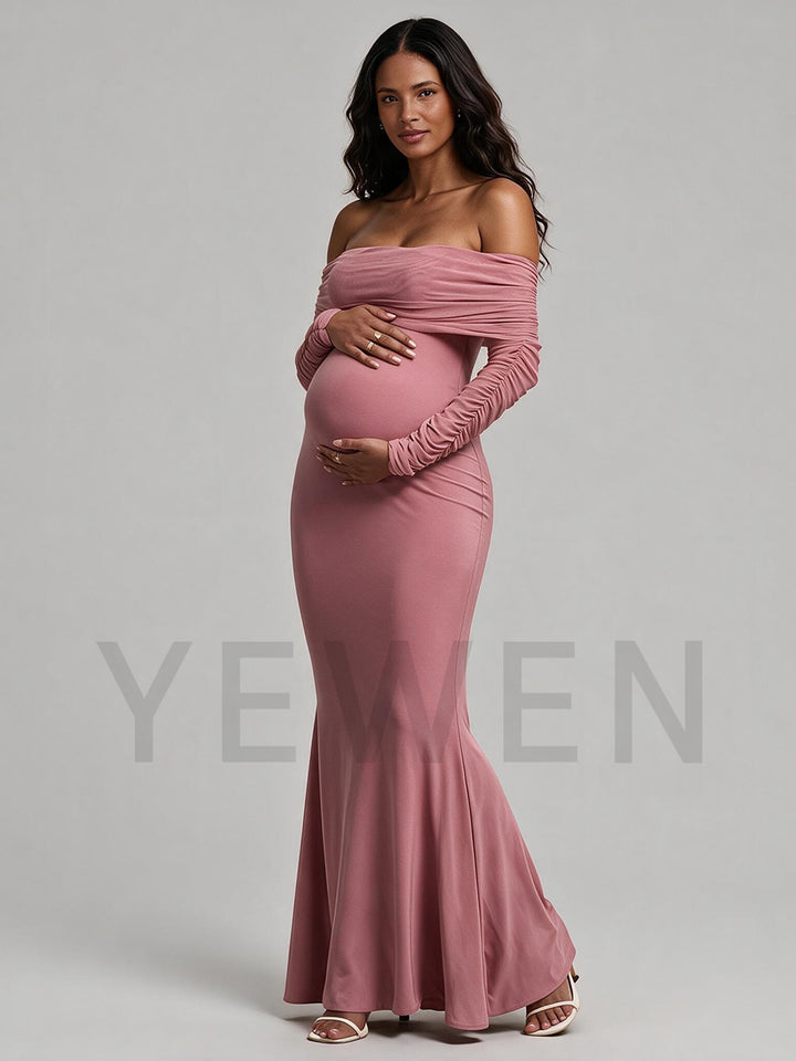 Dusty Pink Maternity Maxi Dress for Baby Shower Off-The-Shoulder Ruched Sleeve