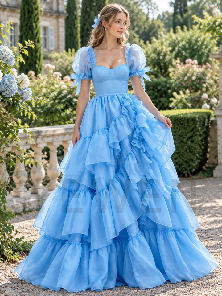 Blue Bow Puff Sleeve Corset Tiered Ruffle Princess Dress YW2609294