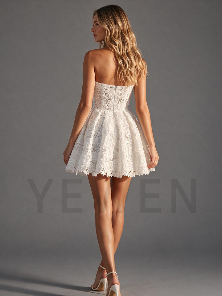 Ivory Strapless Lace Corset Mini Wedding Dress for Engagement