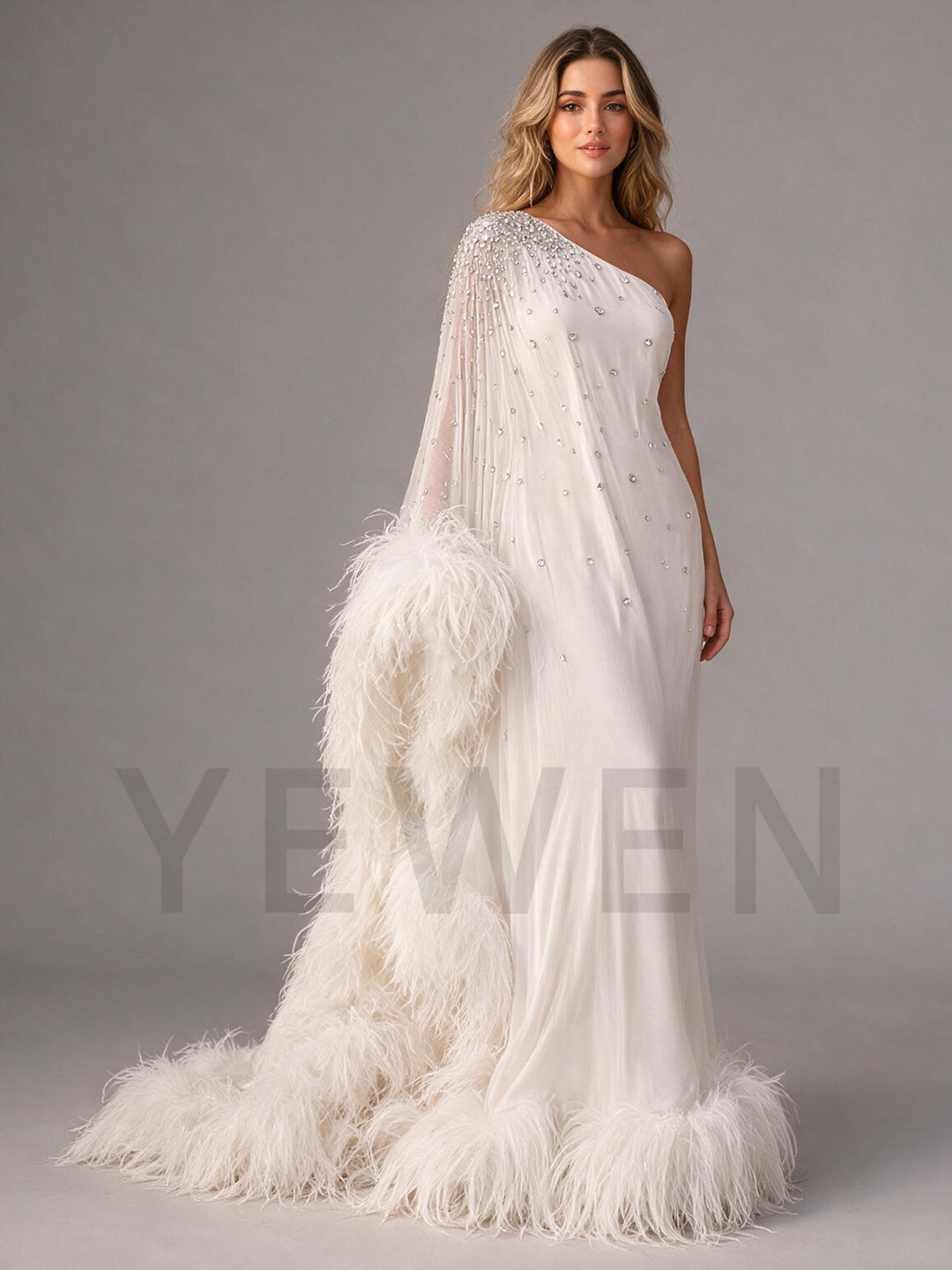 Luxurious One Shoulder Feather Photoshoot Gown Crystal Embellished Bridal Cape Maxi Dress