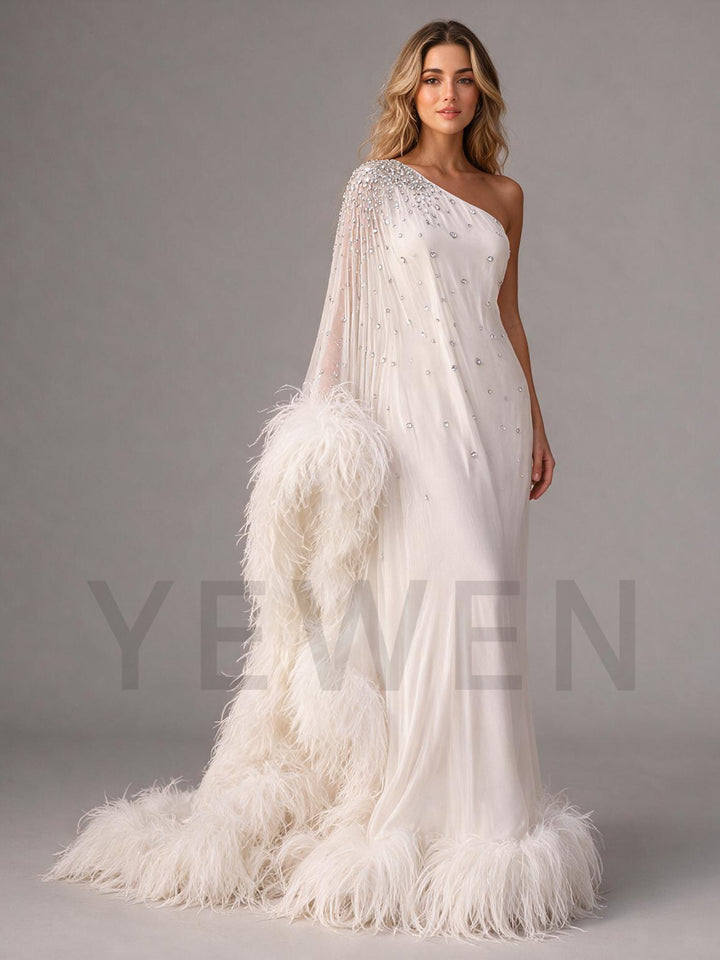 Luxurious One Shoulder Feather Photoshoot Gown Crystal Embellished Bridal Cape Maxi Dress