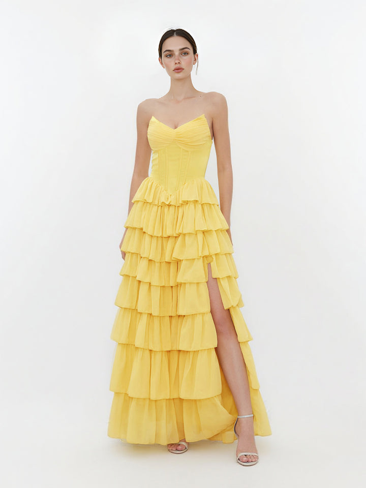 A Line Tiered Prom Dress V Neck Evening Dress Side Slit Formal Party Gown