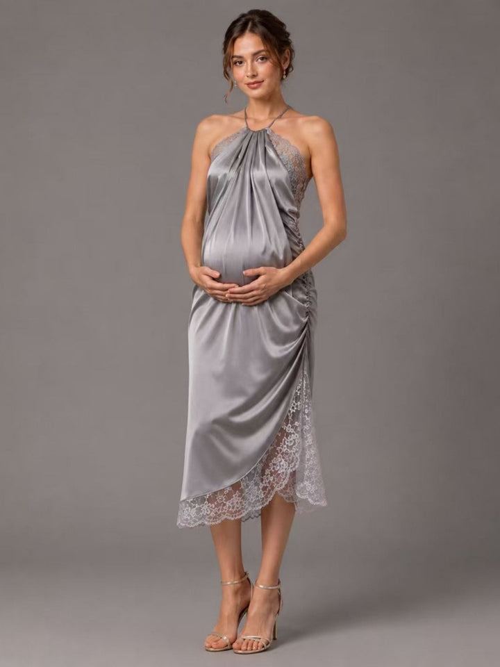 Silver Halter Lace Trim Hem Maternity Baby Shower Dress L-26918