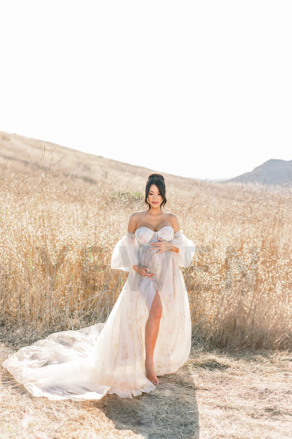 High Waist Printed Floral Organza Dresses for Baby Shower Maternity Gown for Photo Shoot  YW221105-3