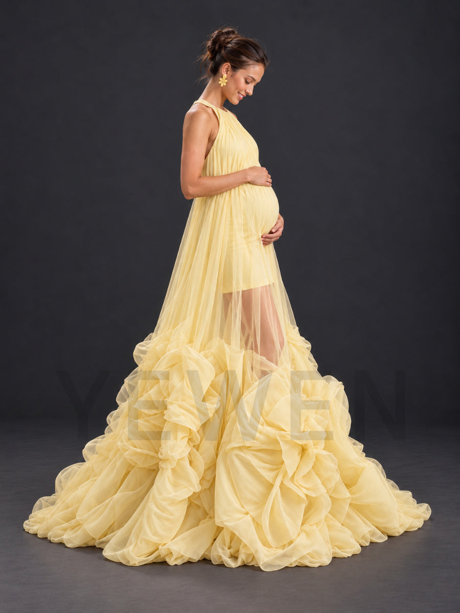 Yellow Halter 3D Ruffle Tulle Sheer Maternity Photoshoot Gown HA261001