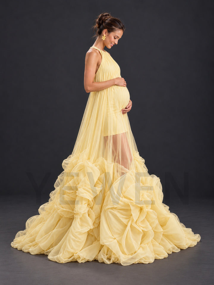 Yellow Halter 3D Ruffle Tulle Sheer Maternity Photoshoot Gown HA261001