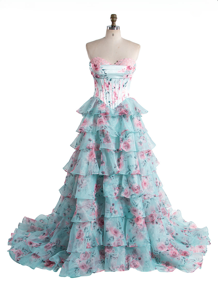 Gorgeous A Line Off The Shoulder Printed Long Prom Dress With Ruffles United Kingdom YW240048