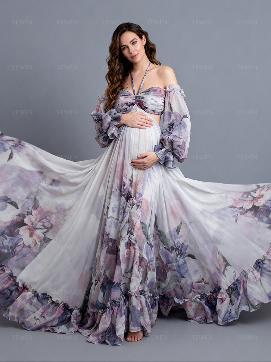 Bohemian Printed Chiffon Maternity Dress for Photoshoot Pregnancy Dress Photoshoot YW240526