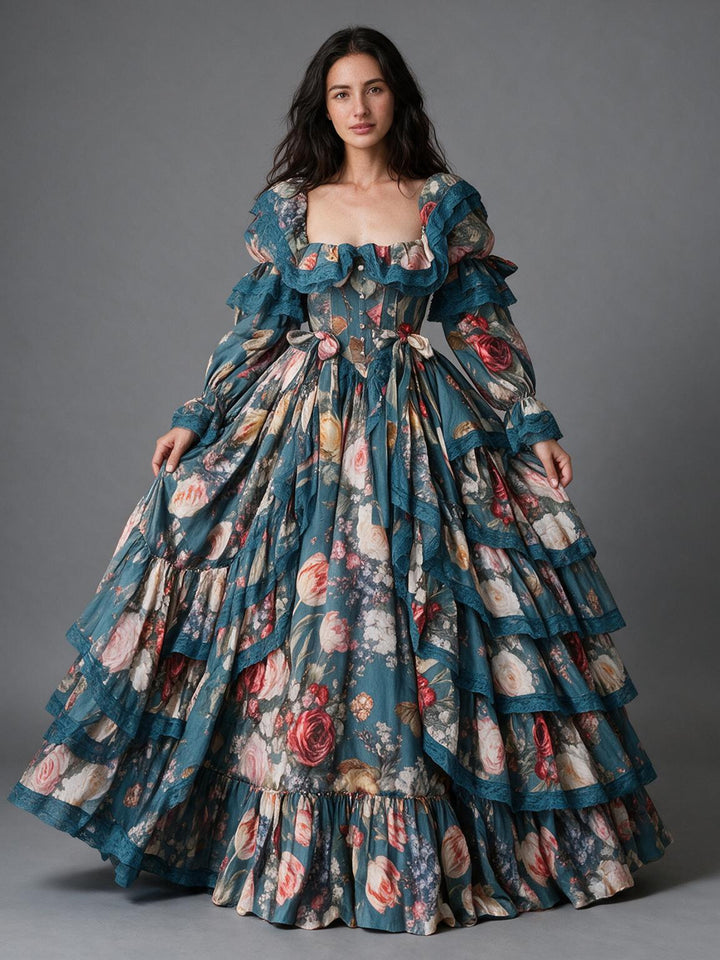 Teal Floral Lace Square Neck Tiered Ruffle Princess Dress YW26101412