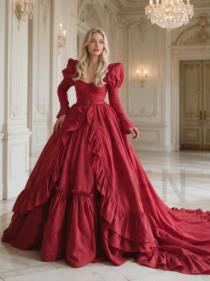 Burgundy Square Neck Puff Sleeve Corset Christmas Dress YW2610095