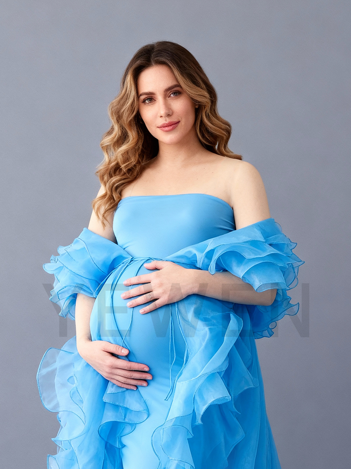 Custom Made Maternity Photoshoot Robe Elegant Pregnancy Photography Gown Flowing Organza Dress for Photo Shoot