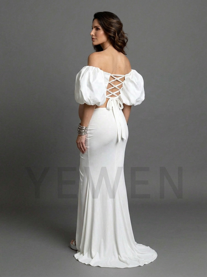 Two-Piece Off-Shoulder Puff Sleeve Maternity Photoshoot Gown YD260913