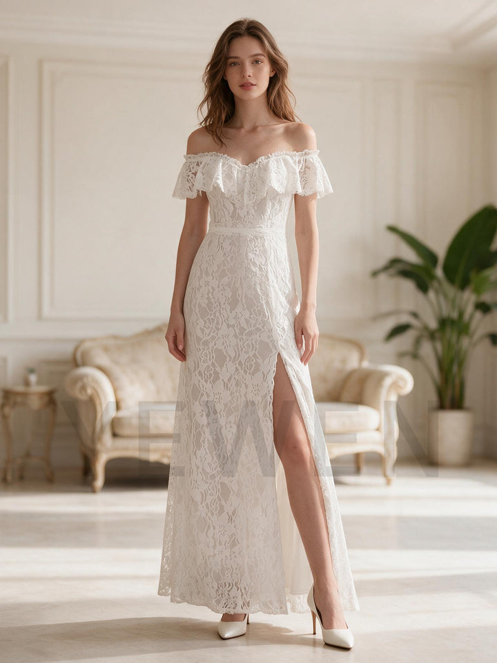 Ivory Off-Shoulder Ruffle Lace Wedding Dress with High Slit Skirt