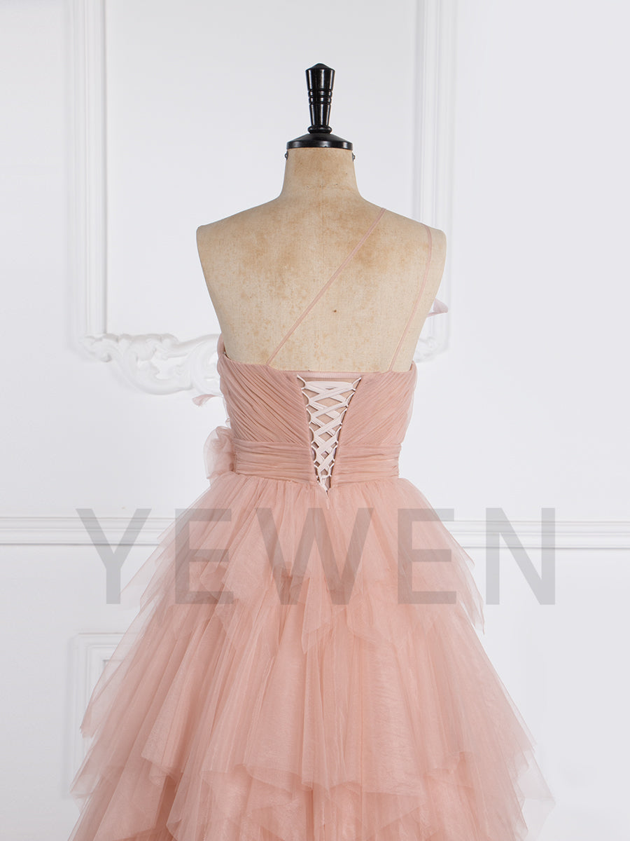 Elegant Prom Dresses for Party One-shoulder with Handmade Flowers Layer Tulle Dress for Event YW250068
