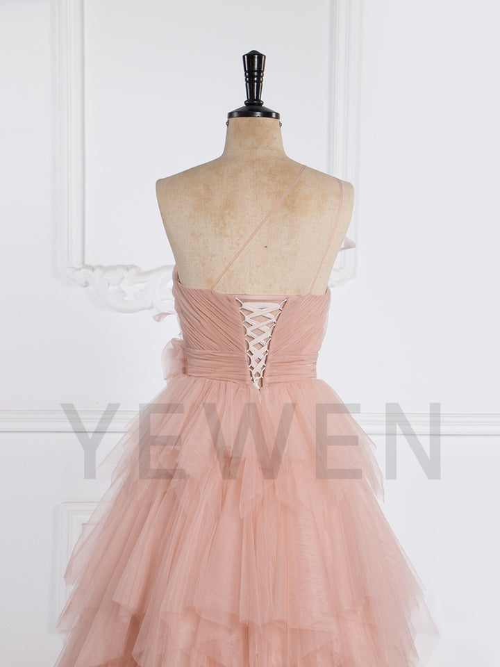 Elegant Prom Dresses for Party One-shoulder with Handmade Flowers Layer Tulle Dress for Event YW250068