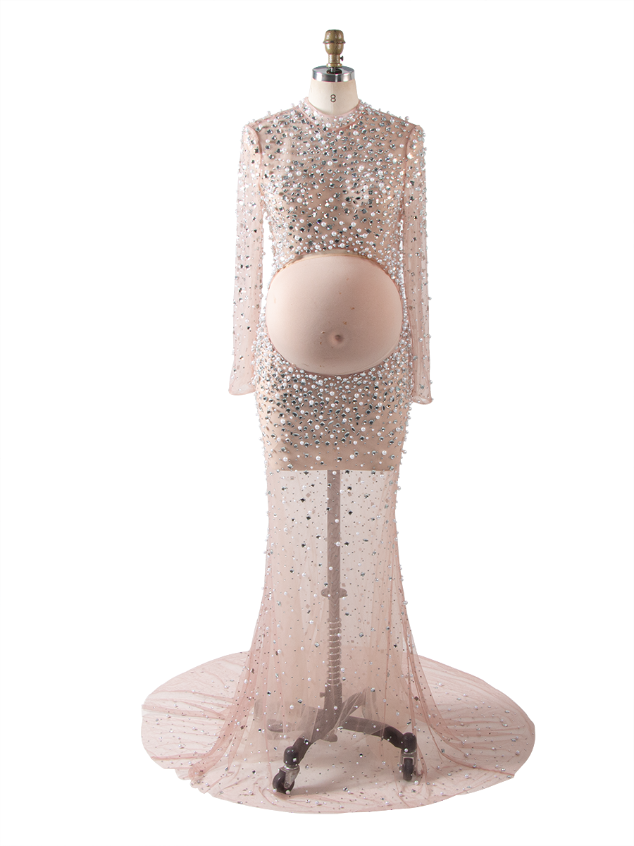 Beaded Maternity Photography Dress Shiny Pearl Rhinestone Long Dress Maternity Photo Shoot Dress YW260243