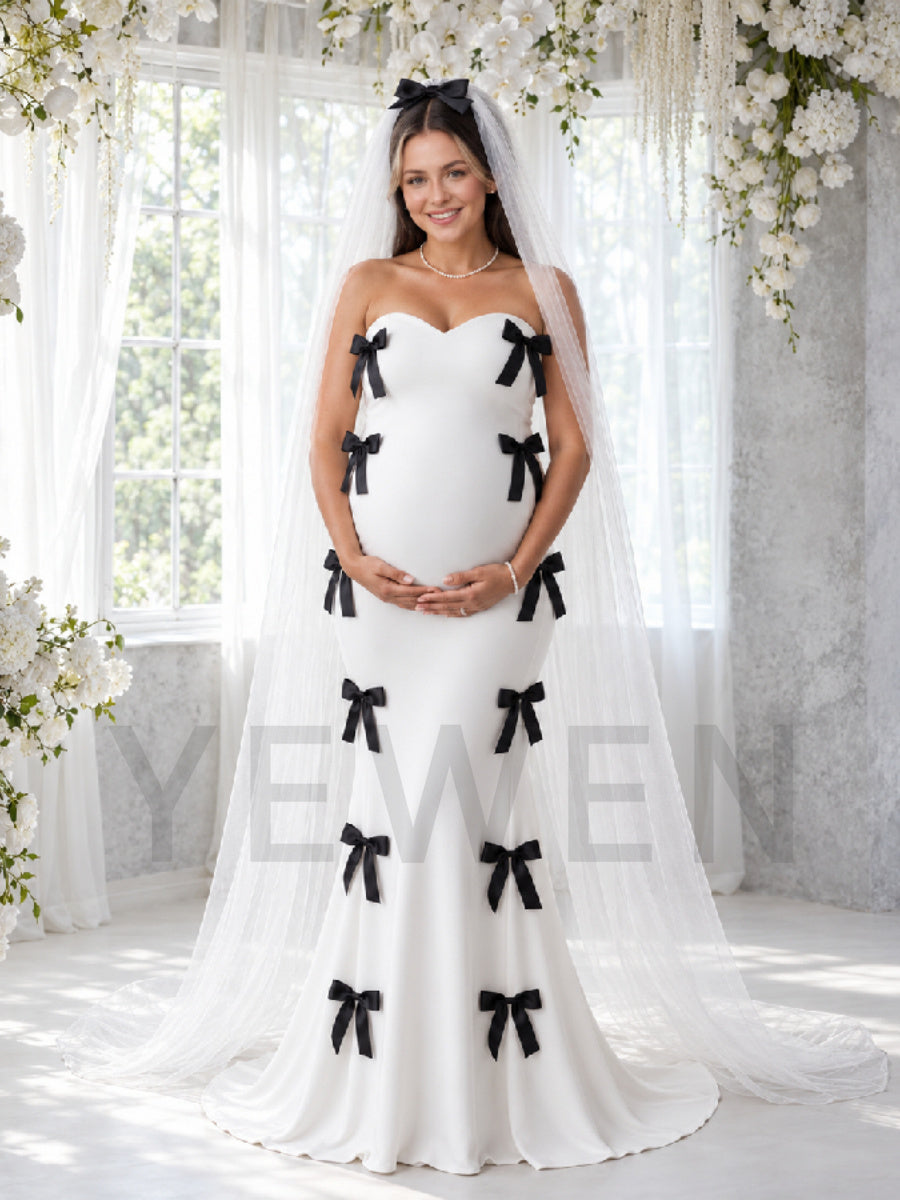 White Strapless Black Bow Maternity Wedding Dress with Veil HA260918
