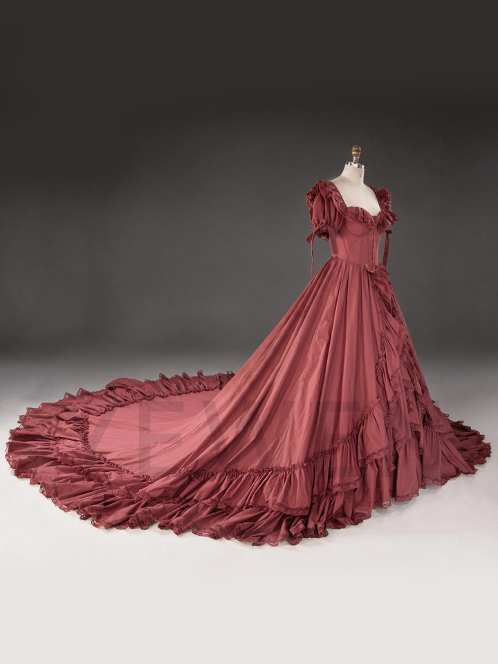 Burgundy Off-Shoulder Ruffled Corset Tiered Christmas Dress YW260357